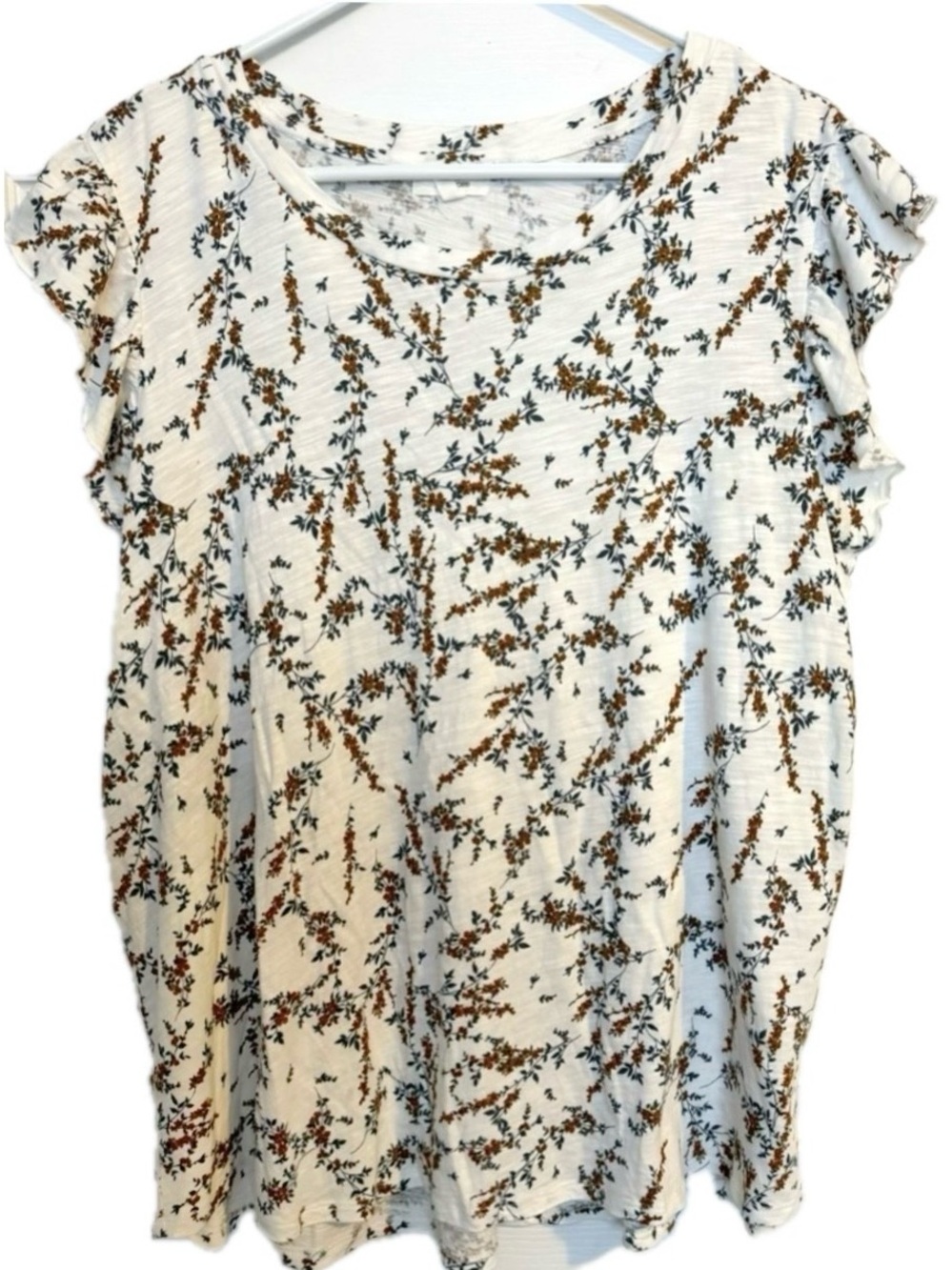 Maurices Floral Flutter Sleeve Top 2X White Brown Ditsy Print Ruffle Cap